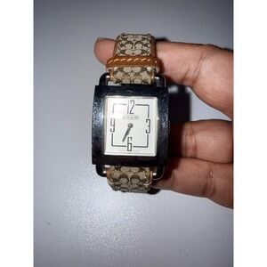 Coach Watch‎ 0221 Water Resistant Square Logo Leather Cloth Band Brown Silver